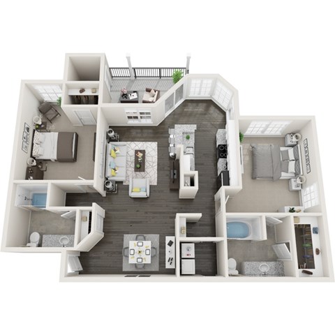 Floor plan for 2 beds, 2 baths, 1257 sqft